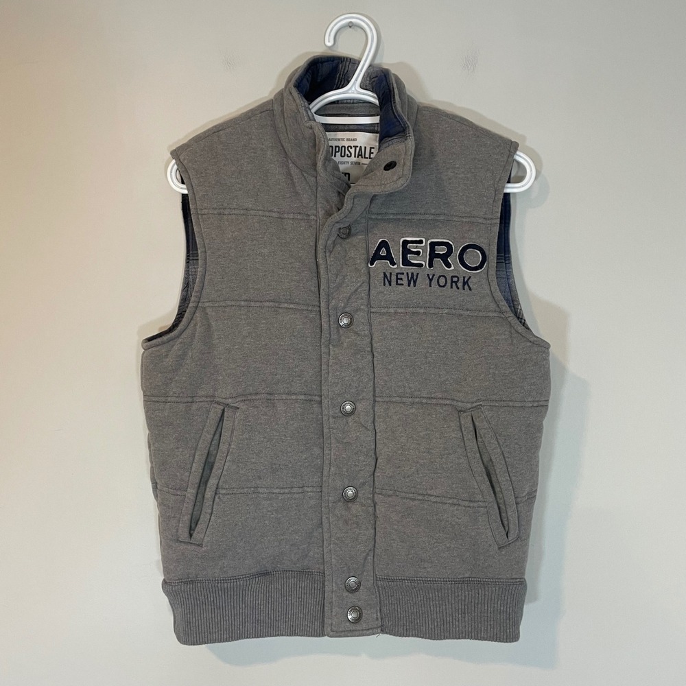 Aeropostale Mens S Gray Puffer Vest Snap Front Embroidered‎ Spell Out Y2K Plaid